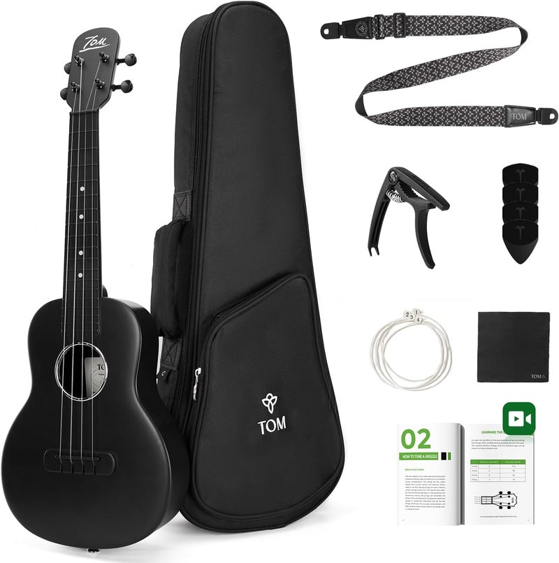 TOM 23" Carbon Fiber Concert Ukulele – Upgraded Ukelele Kit with Quick Locking Strap, Waterproof, Ultra-Lightweight (1.25 lbs), Ideal for Beginners, Professionals & Outdoor Adventures (Black) - Image 1